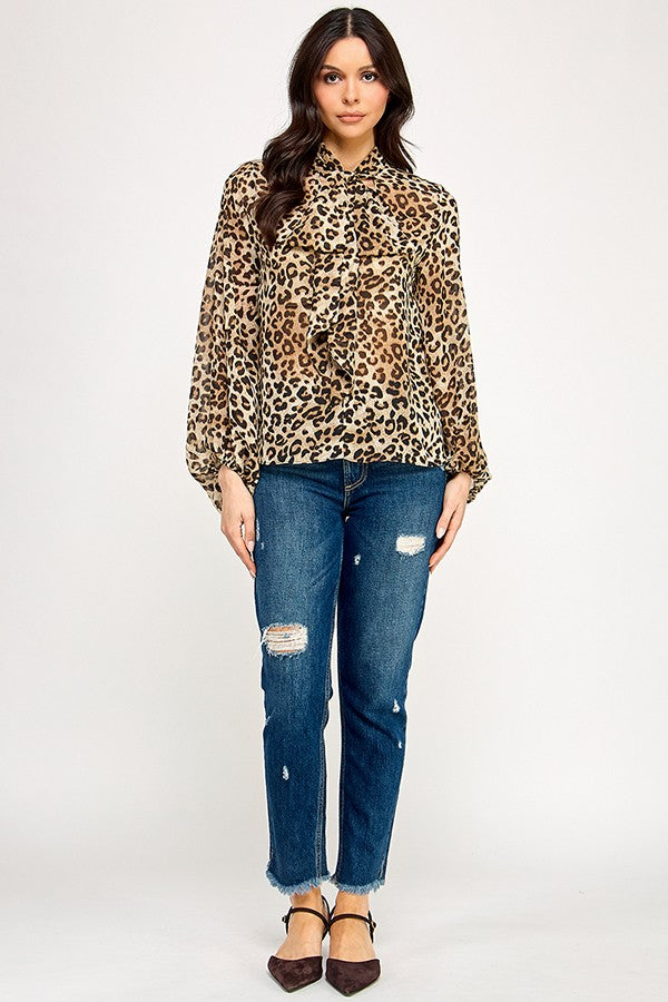 sheer animal print long sleeve top w/tie