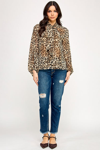 sheer animal print long sleeve top w/tie