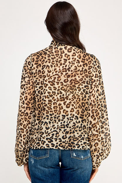 sheer animal print long sleeve top w/tie