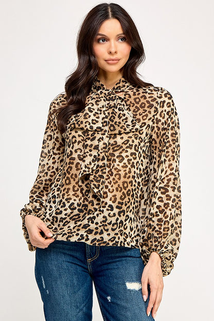 sheer animal print long sleeve top w/tie