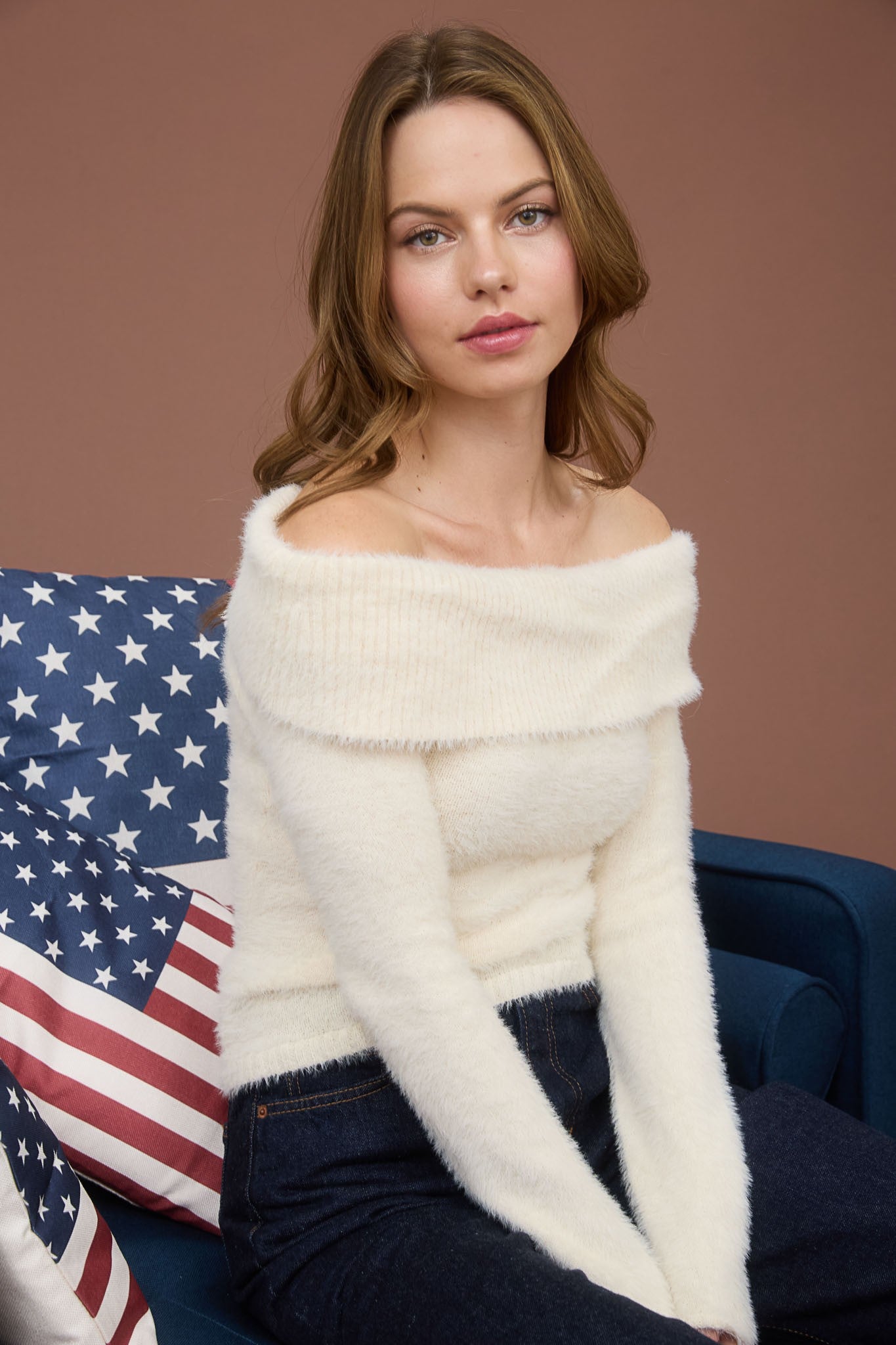 off the shoulder fuzzy knit sweater