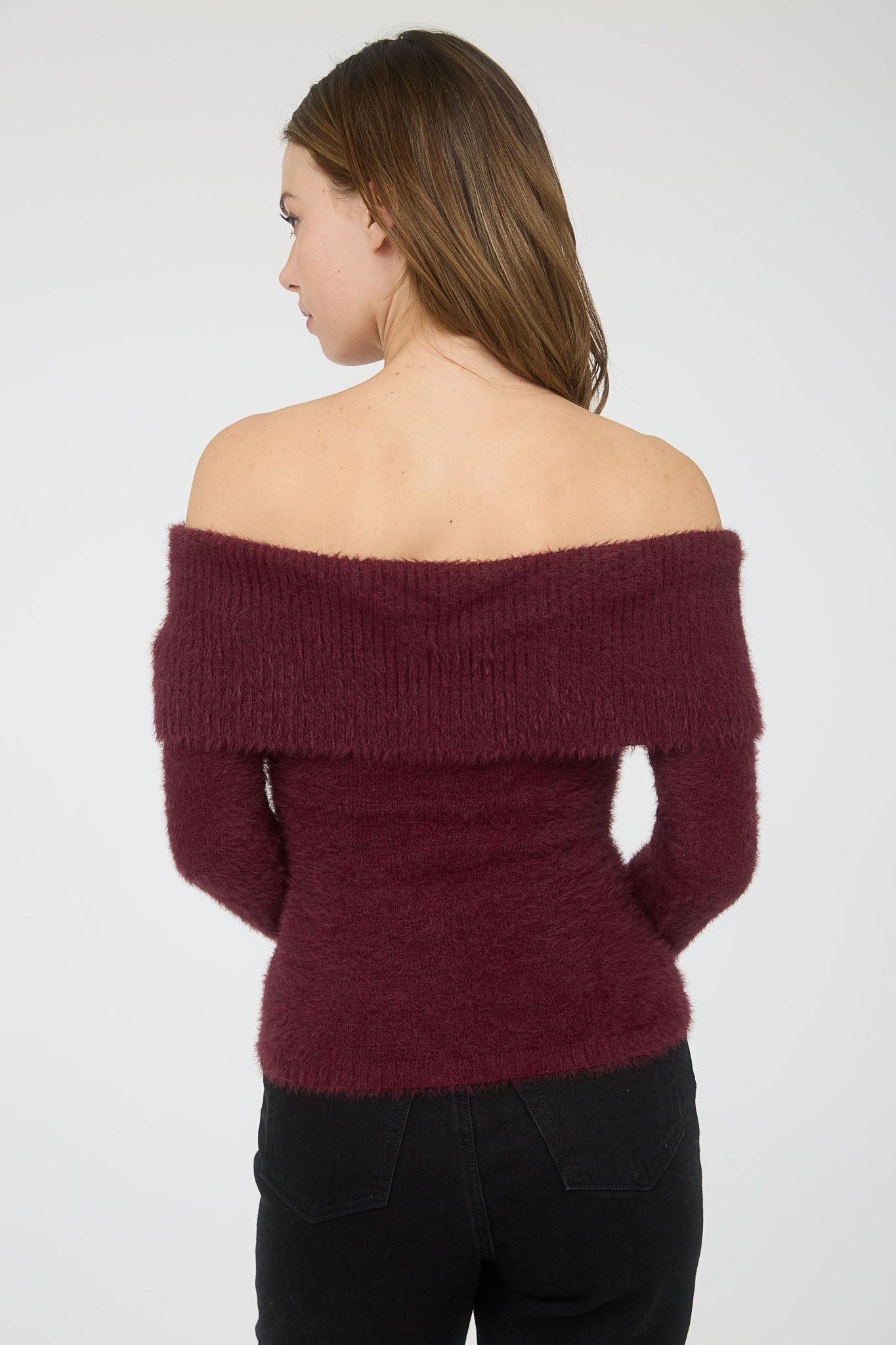 Off Shoulder Fold Over Blushed Knit Sweater