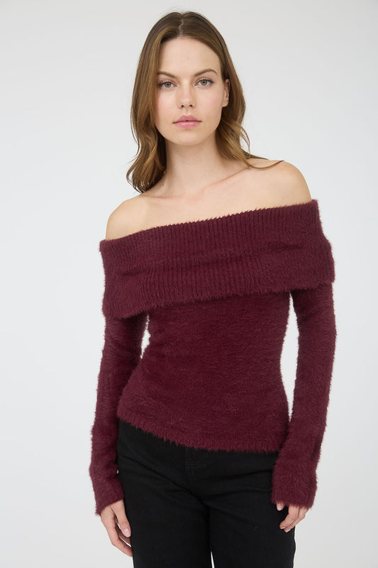 Off Shoulder Fold Over Blushed Knit Sweater
