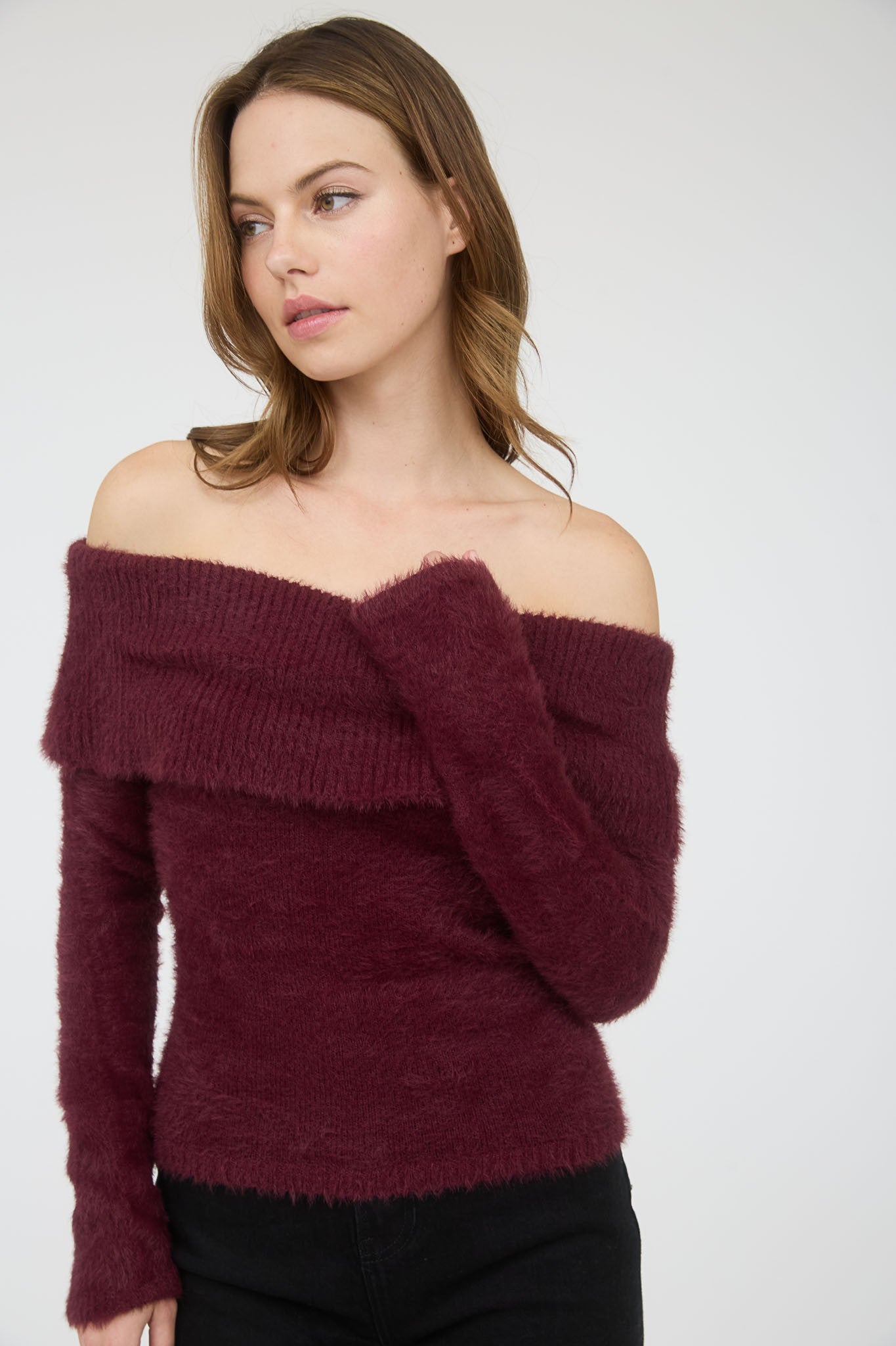 Off Shoulder Fold Over Blushed Knit Sweater