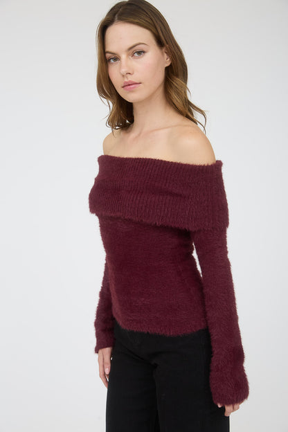 Off Shoulder Fold Over Blushed Knit Sweater