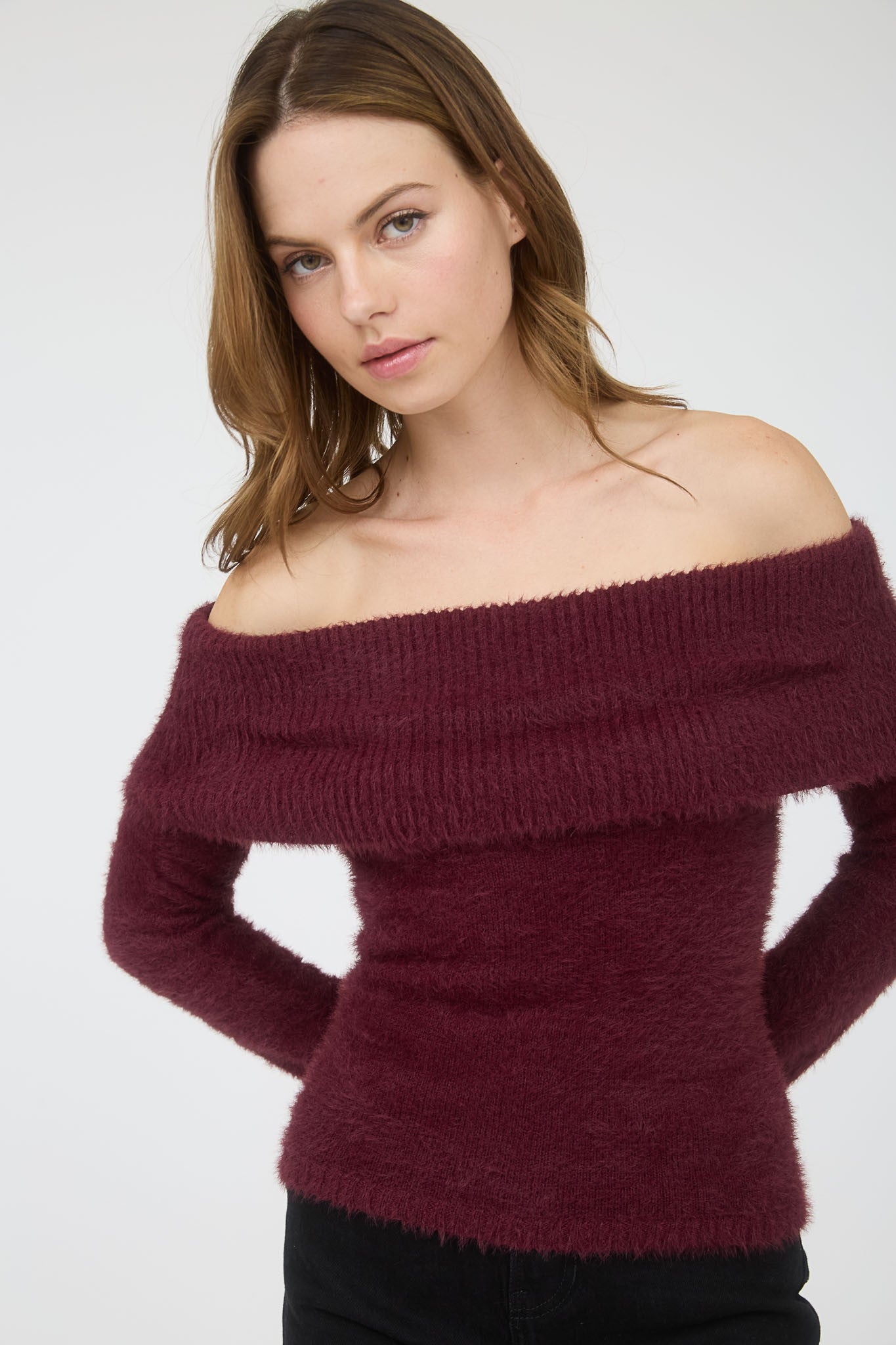 Off Shoulder Fold Over Blushed Knit Sweater