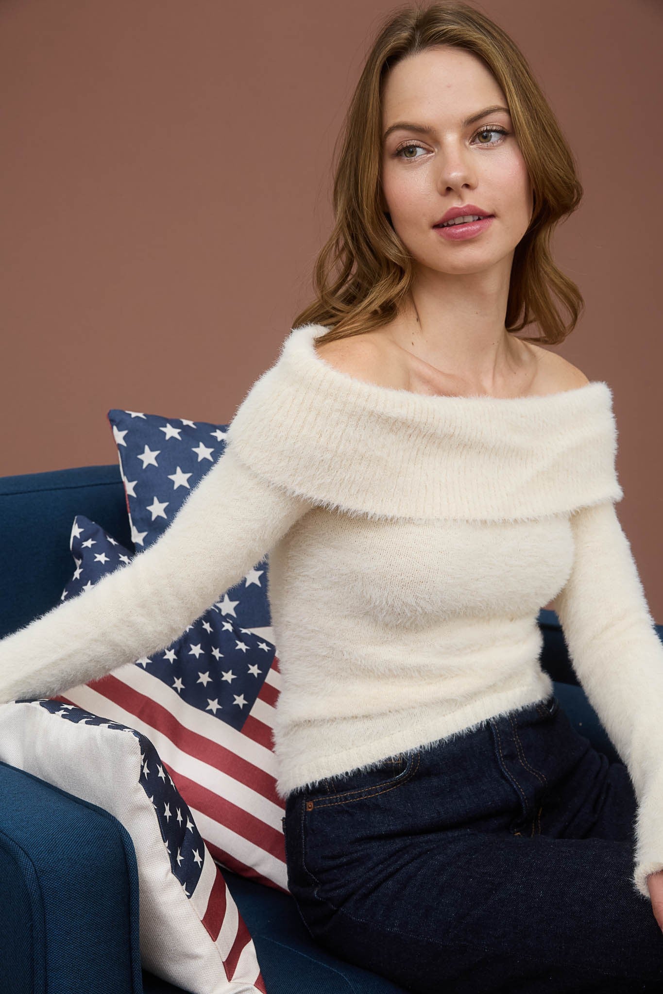 off the shoulder fuzzy knit sweater