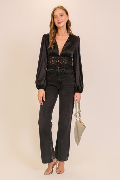 satin & lace v neck top