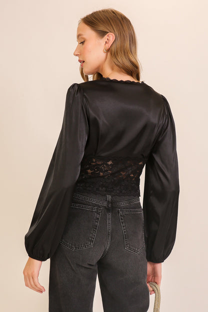 satin & lace v neck top