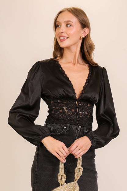 satin & lace v neck top
