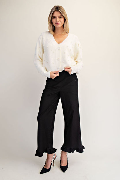 V-neck Pearl Embellished Long Sleeve Cardigan