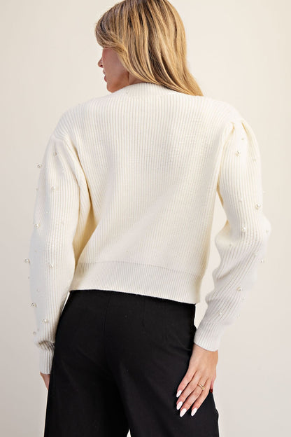V-neck Pearl Embellished Long Sleeve Cardigan