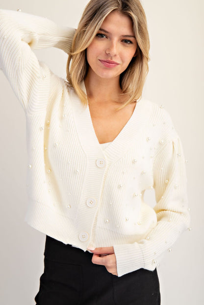 V-neck Pearl Embellished Long Sleeve Cardigan