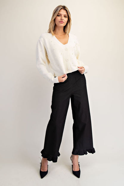 V-neck Pearl Embellished Long Sleeve Cardigan