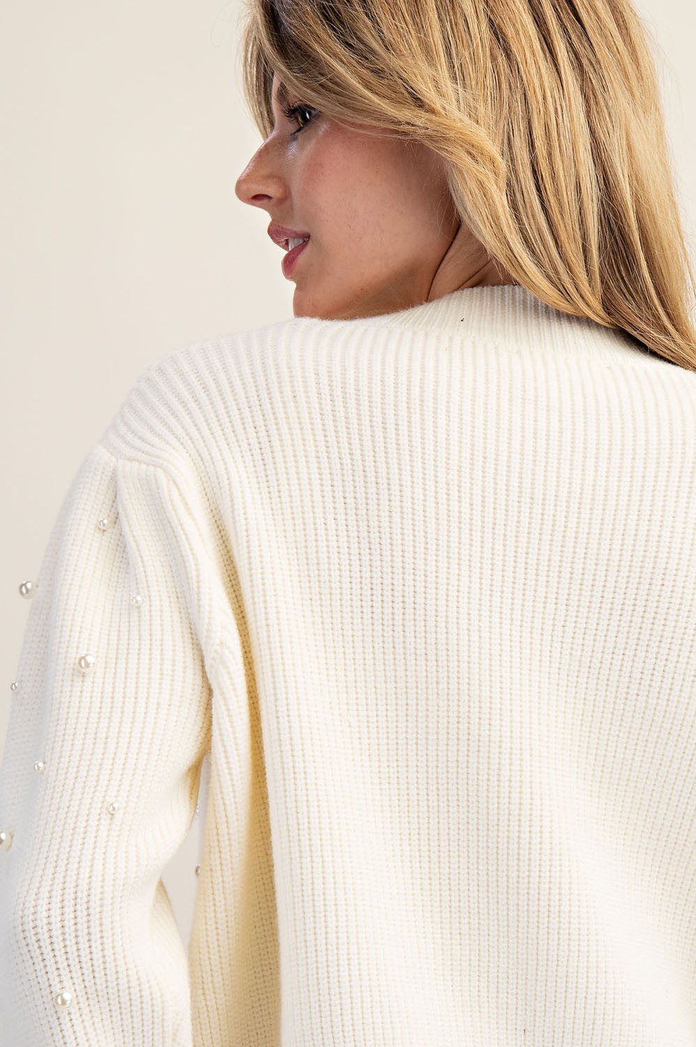 V-neck Pearl Embellished Long Sleeve Cardigan