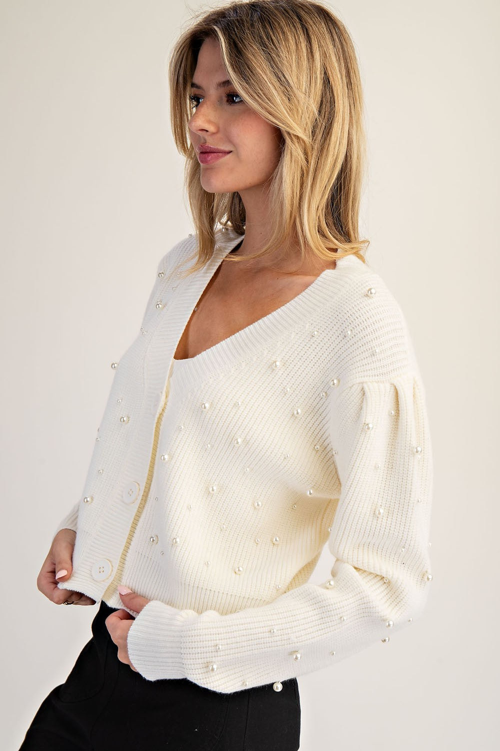V-neck Pearl Embellished Long Sleeve Cardigan