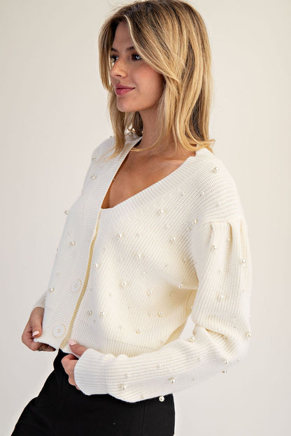 V-neck Pearl Embellished Long Sleeve Cardigan