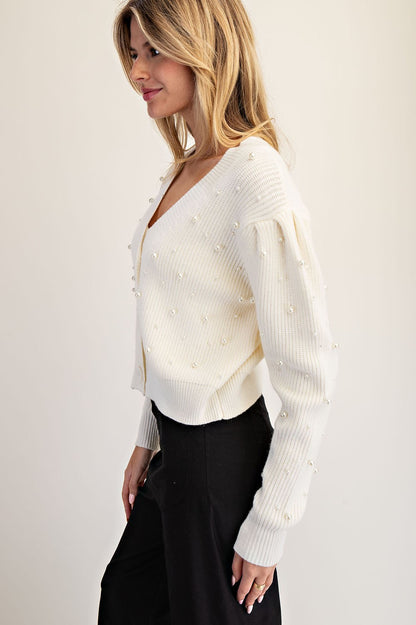V-neck Pearl Embellished Long Sleeve Cardigan