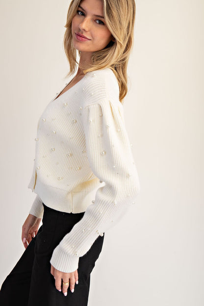 V-neck Pearl Embellished Long Sleeve Cardigan