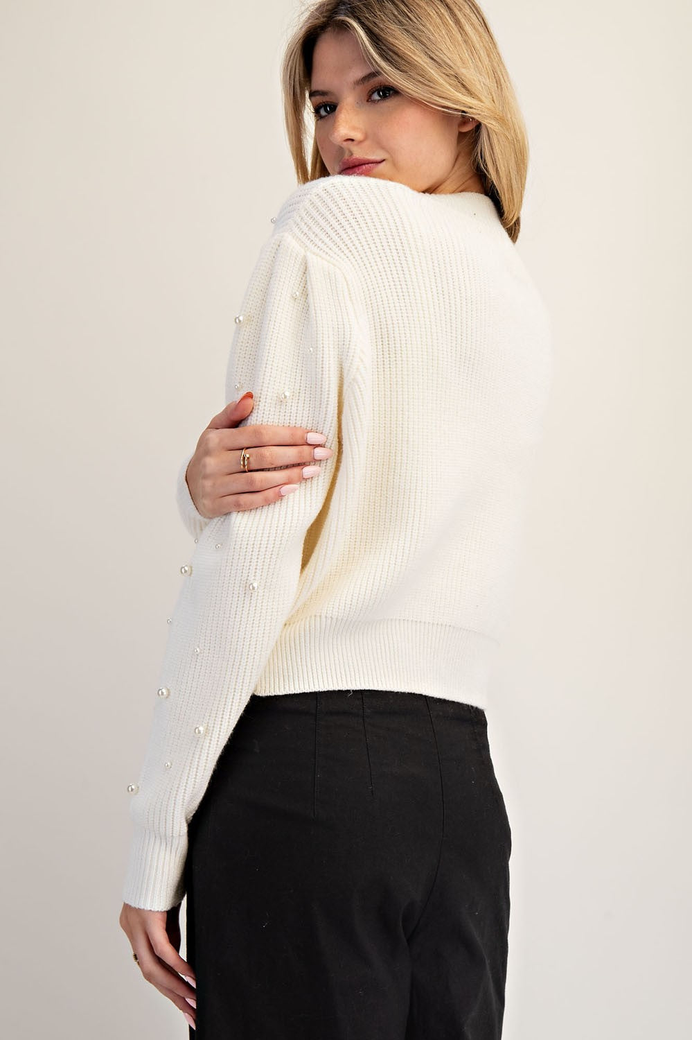 V-neck Pearl Embellished Long Sleeve Cardigan