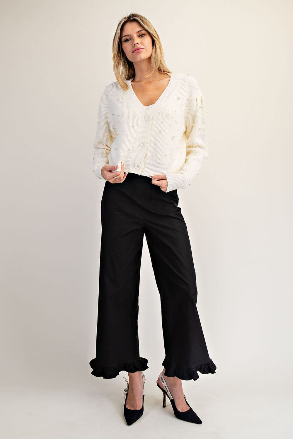 V-neck Pearl Embellished Long Sleeve Cardigan