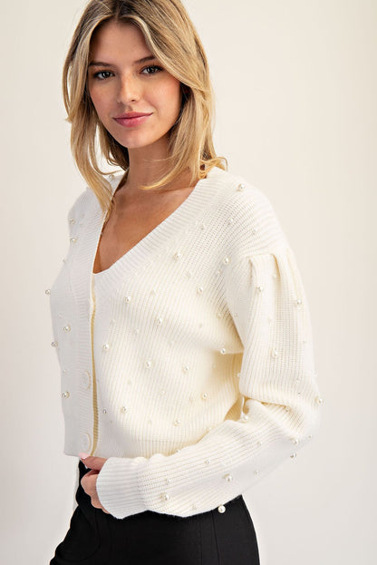 V-neck Pearl Embellished Long Sleeve Cardigan