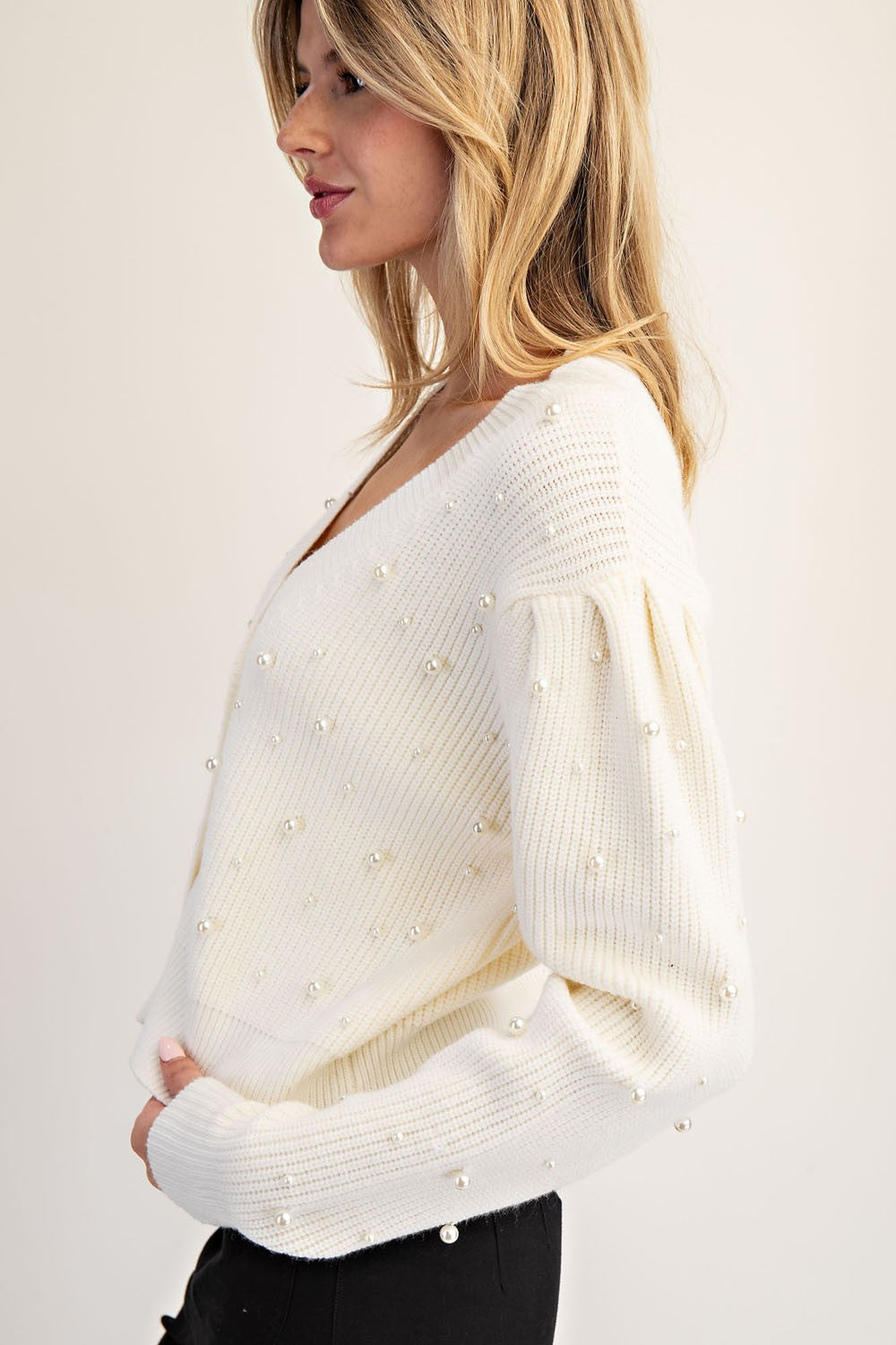 V-neck Pearl Embellished Long Sleeve Cardigan