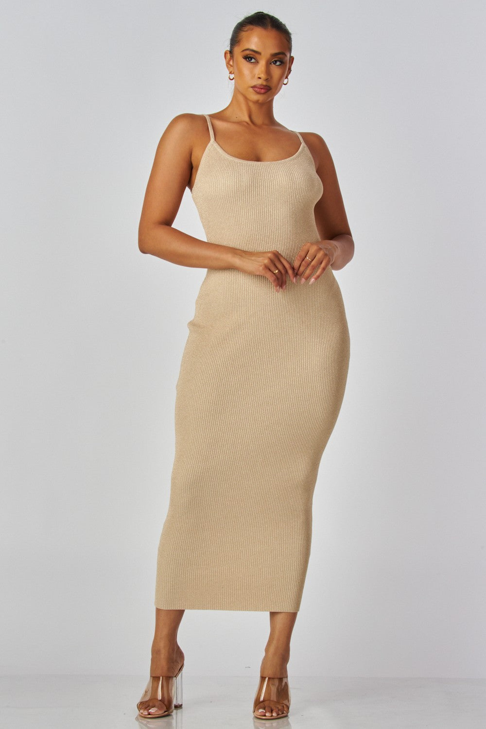 lurex sleeveless ribbed knit midi dress Beige / S/M lurex sleeveless ribbed knit midi dress Beige / S/M