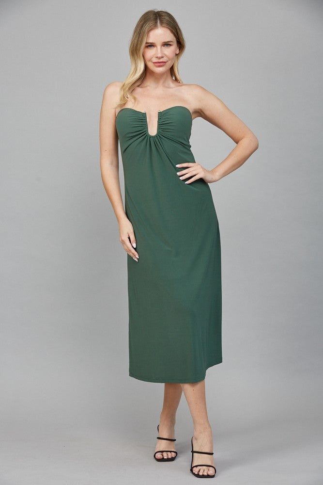 strapless gathered v neck midi dress