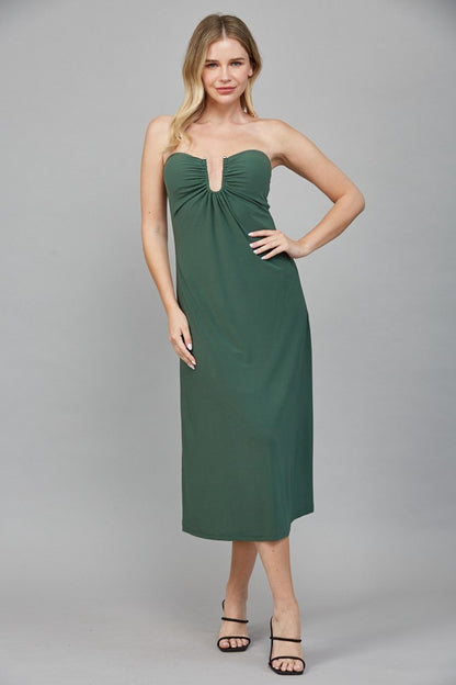 strapless gathered v neck midi dress