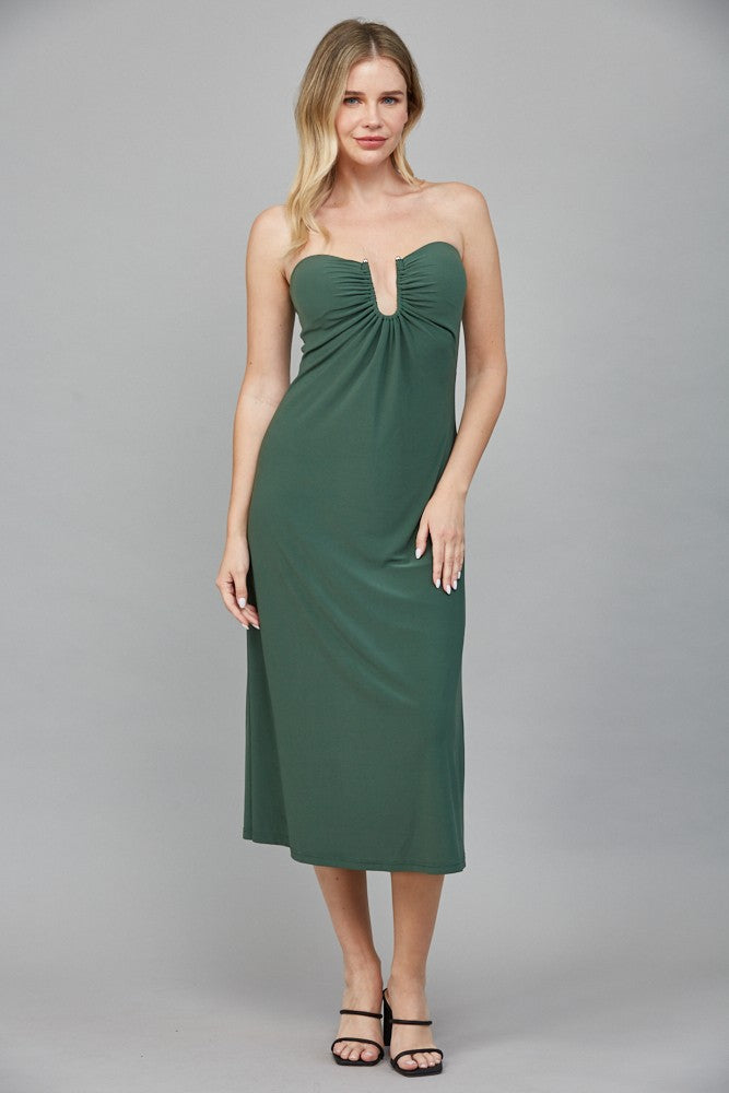 strapless gathered v neck midi dress