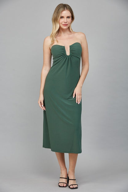 strapless gathered v neck midi dress