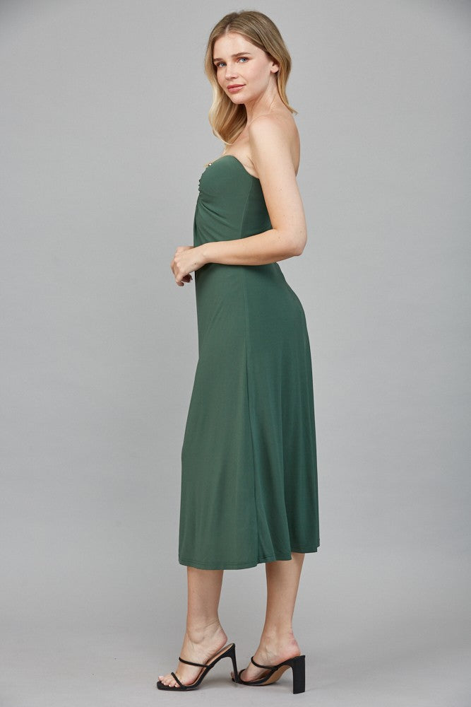 strapless gathered v neck midi dress