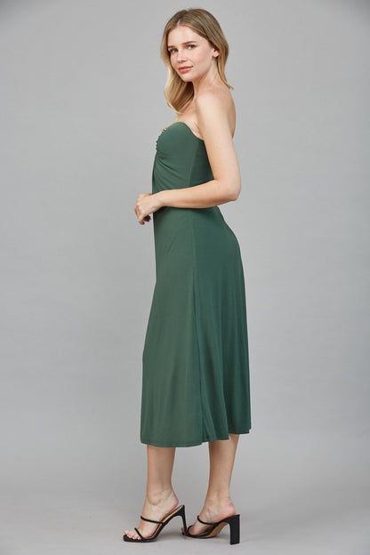 strapless gathered v neck midi dress