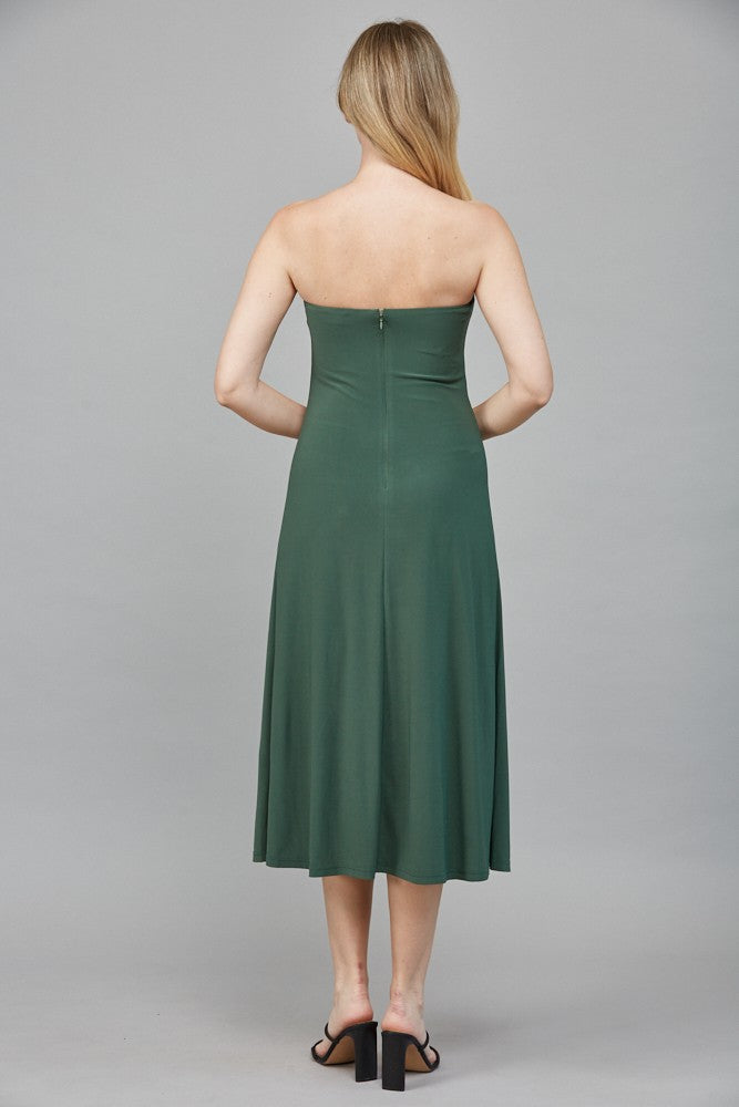 strapless gathered v neck midi dress