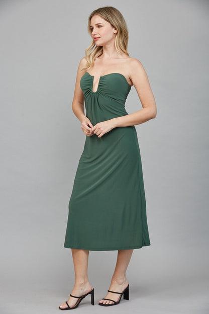 strapless gathered v neck midi dress