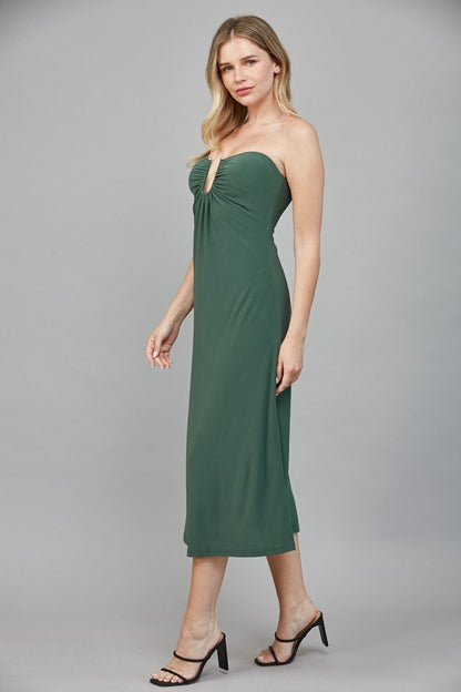 strapless gathered v neck midi dress