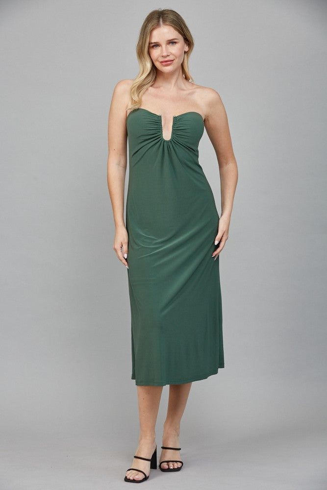strapless gathered v neck midi dress