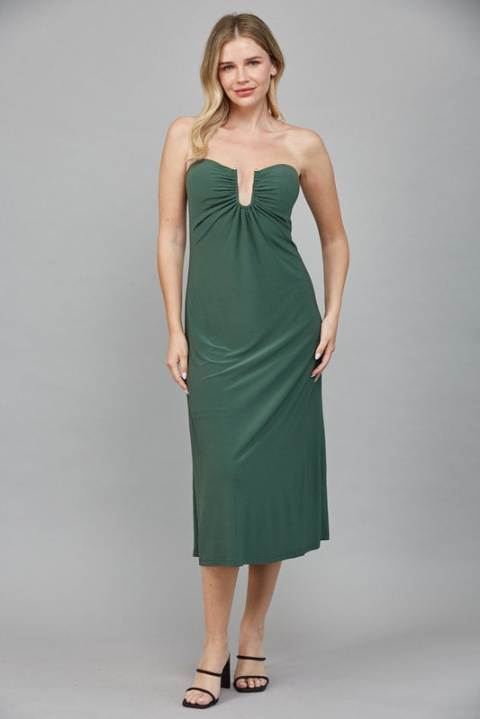 strapless gathered v neck midi dress