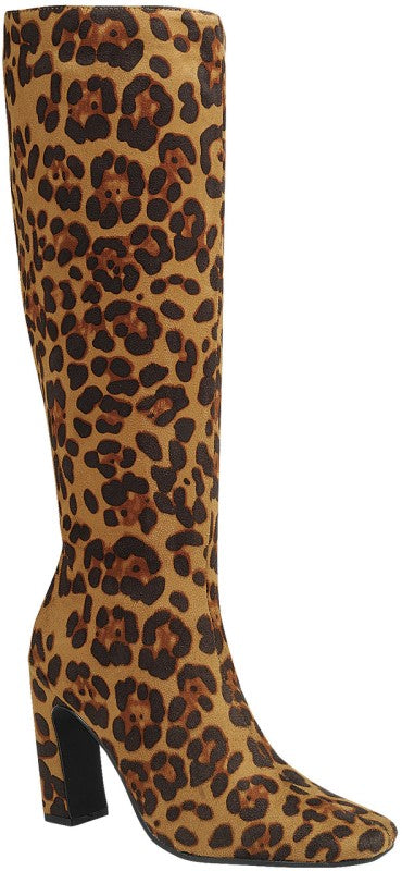 Leopard Knee High Block Heel Boot