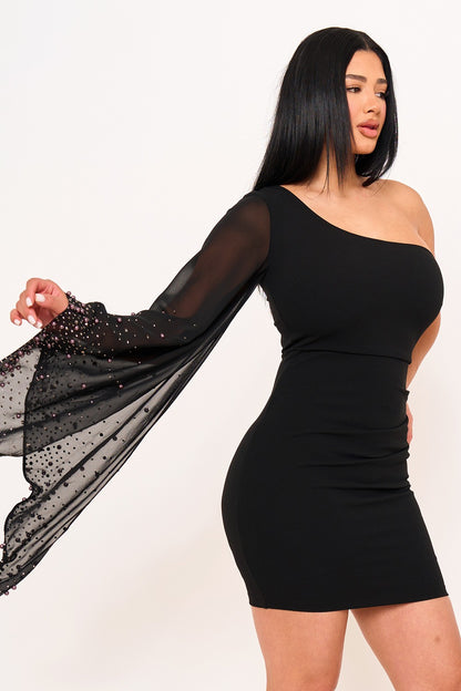 Beaded On Mesh Draped One Sleeve Mini Dress