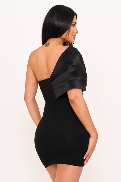 One Shoulder Twist Tie Detail Front Mini Dress
