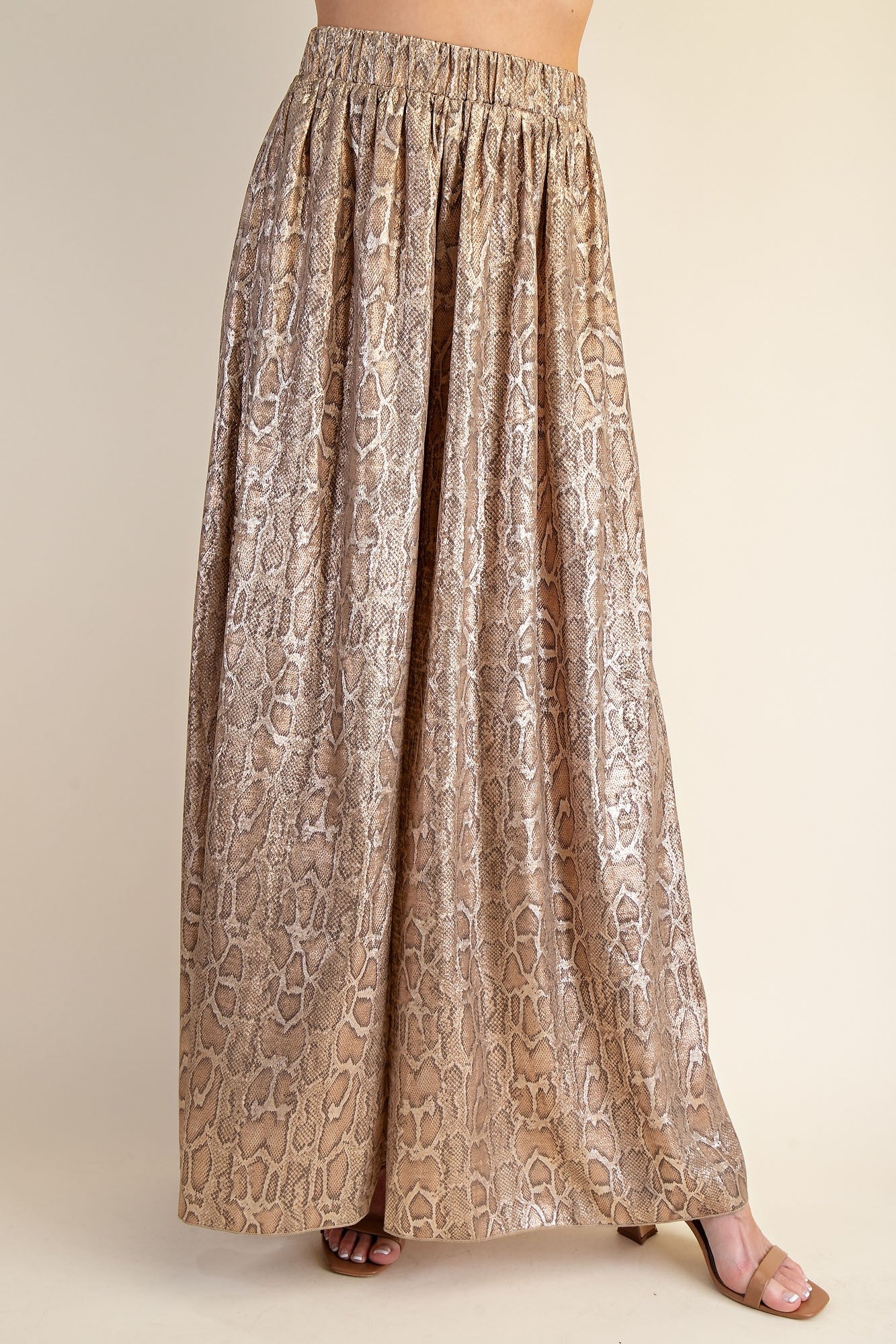 metallic snakeskin wide leg elastic pants
