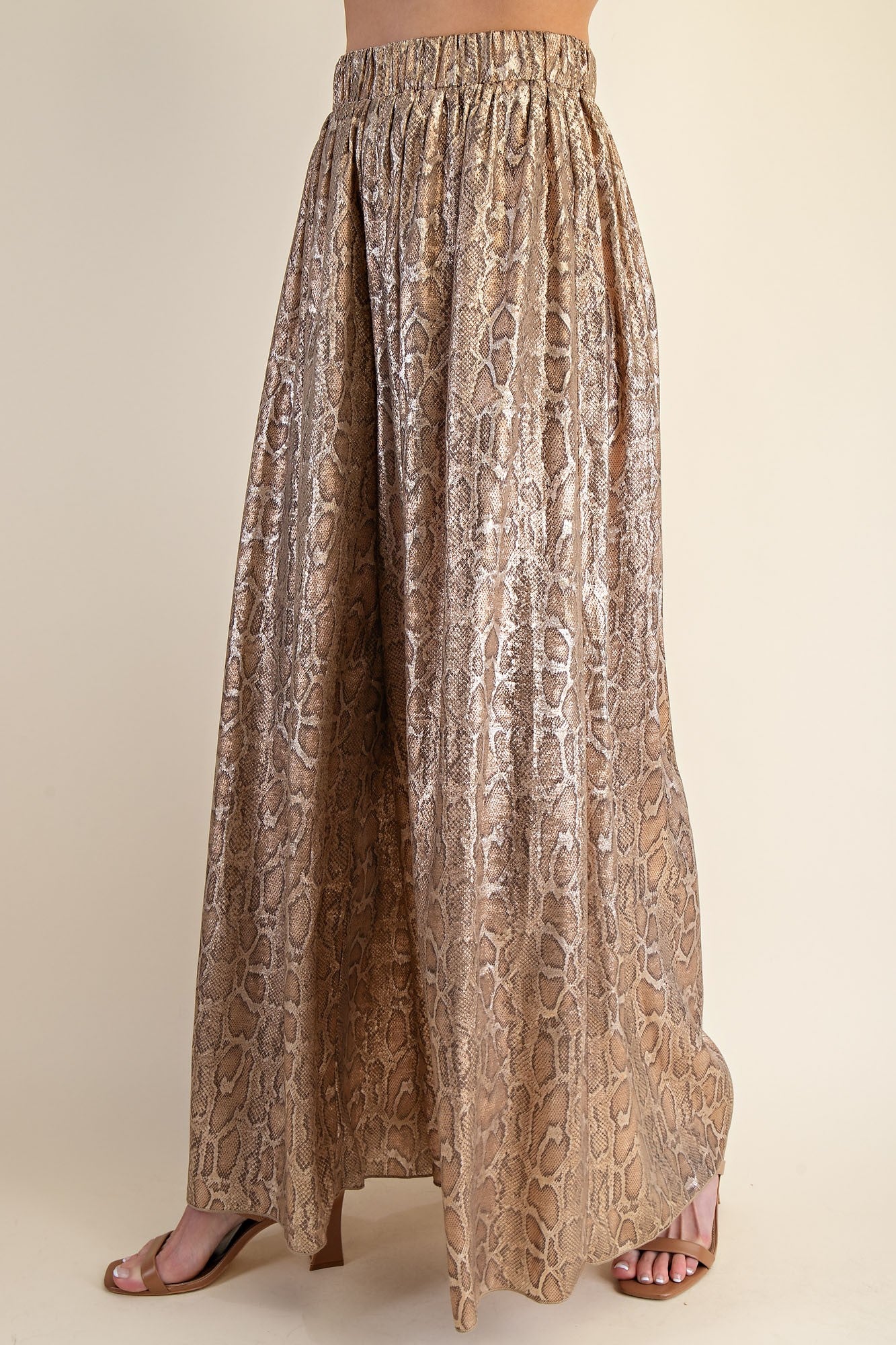 metallic snakeskin wide leg elastic pants