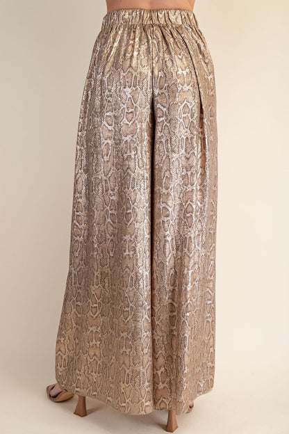 metallic snakeskin wide leg elastic pants