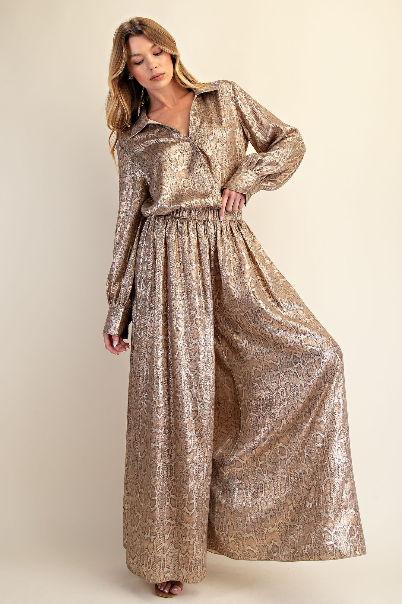 metallic snakeskin wide leg elastic pants