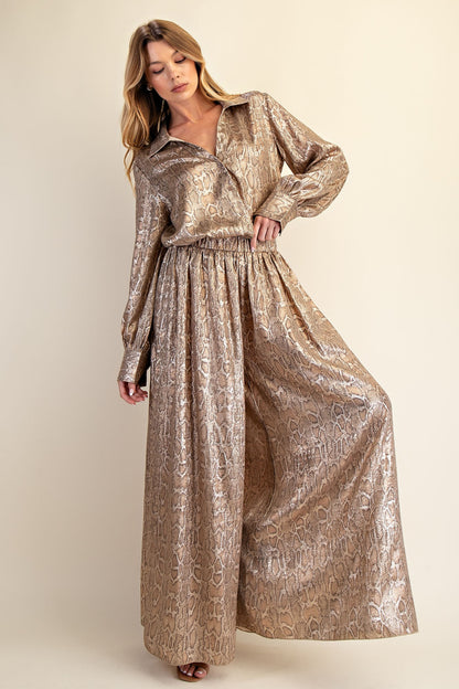 metallic snakeskin wide leg elastic pants