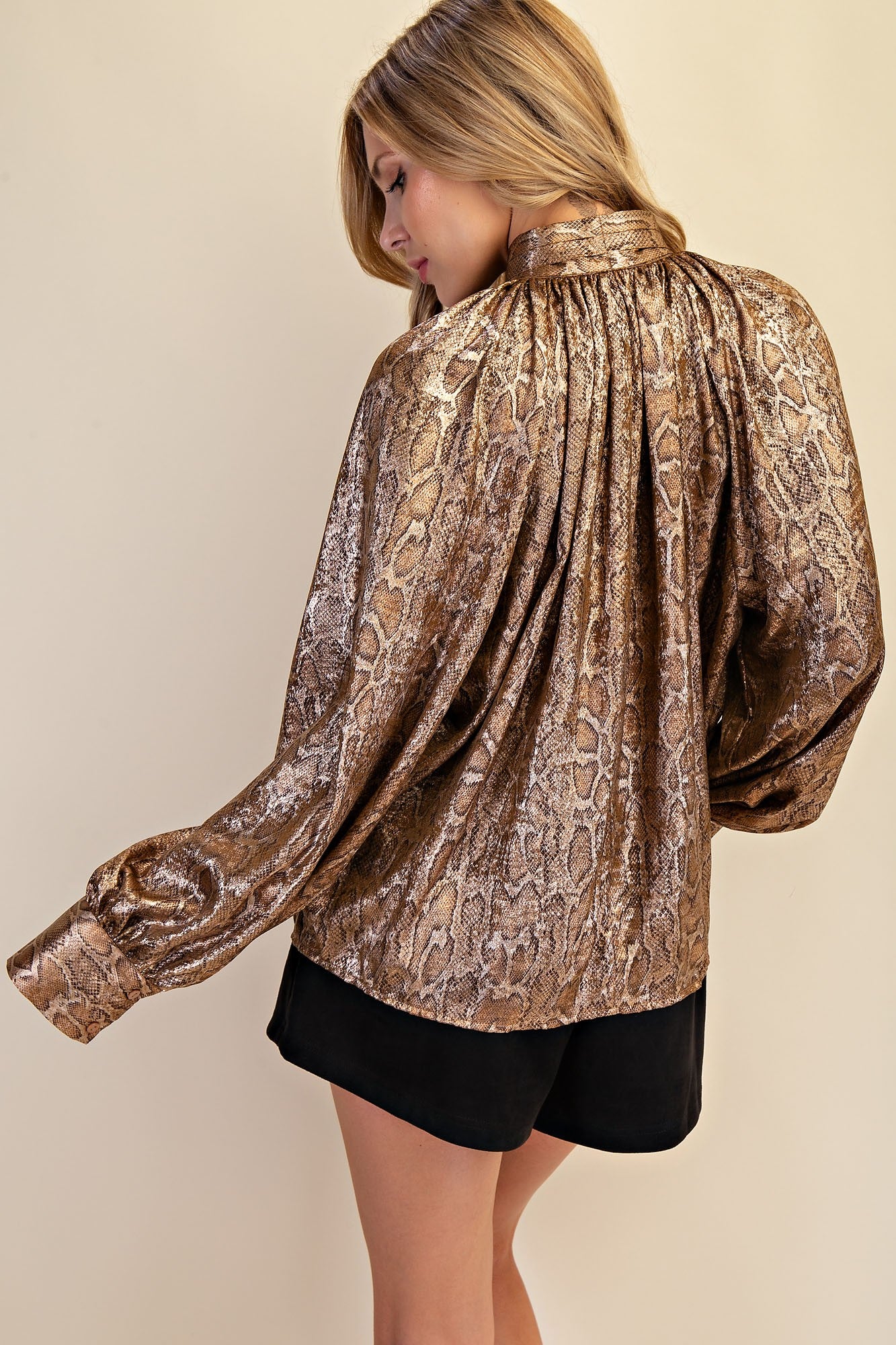 satin snakeskin tie neck long sleeve blouse