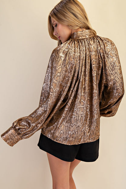 satin snakeskin tie neck long sleeve blouse