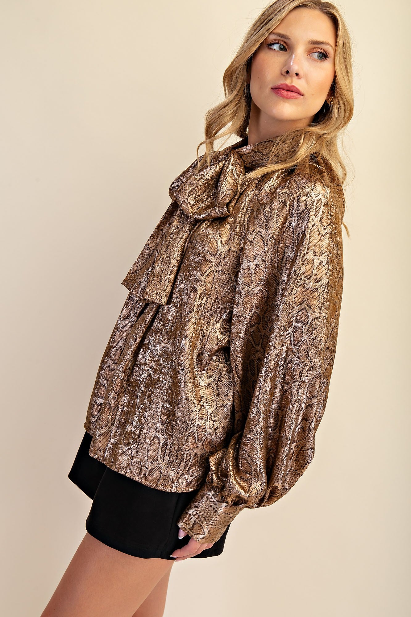 satin snakeskin tie neck long sleeve blouse